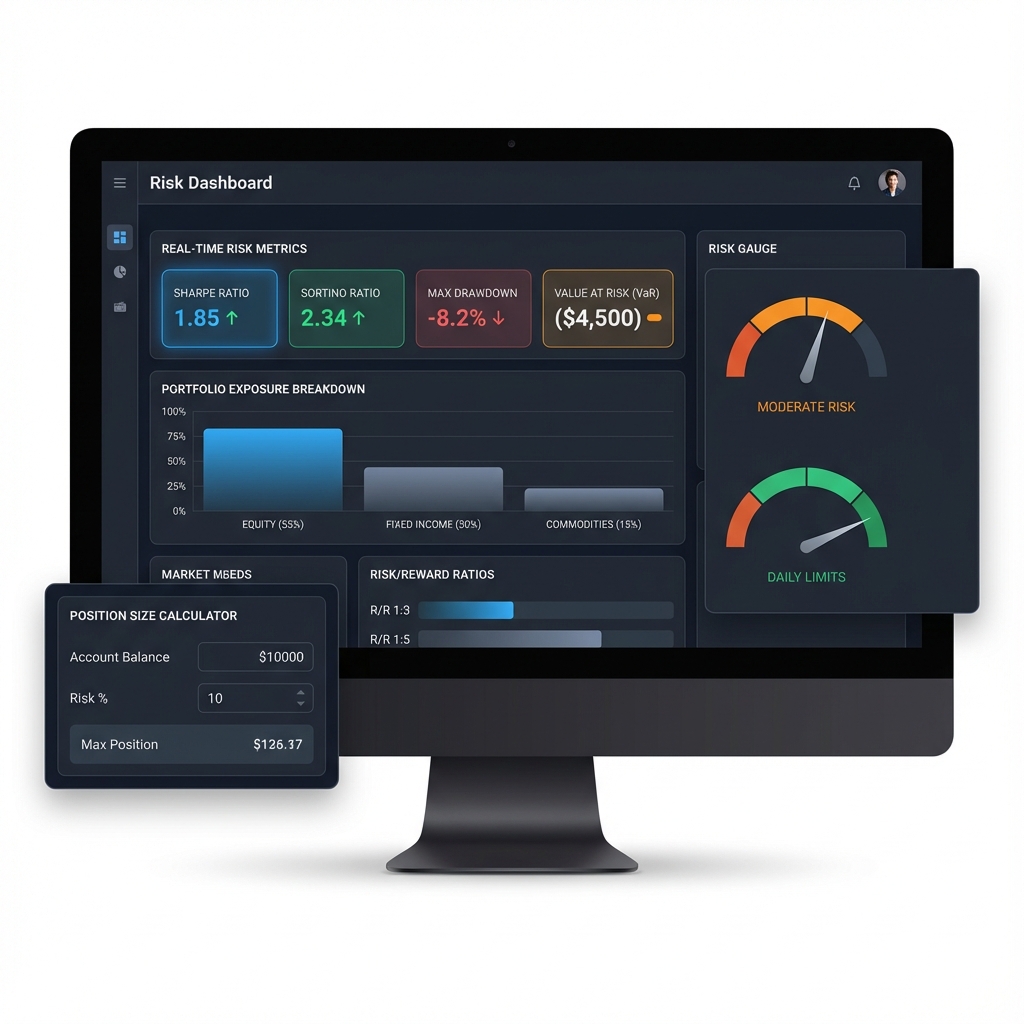 AATS v2 Risk Dashboard showing real-time Sharpe Ratio, portfolio exposure, and position tracking for NIFTY and BANKNIFTY algo trading strategies
